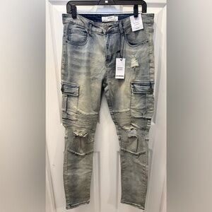 Uh Denim Men’s Light Acid Wash Distressed Cargo skinny Jeans